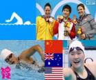 200 M bireysel kadın Yüzme podyum birlikte, Shiwen Ye (Çin), Alicia Coutts (Avustralya) ve Caitlin Leverenz (ABD) - Londra 2012-